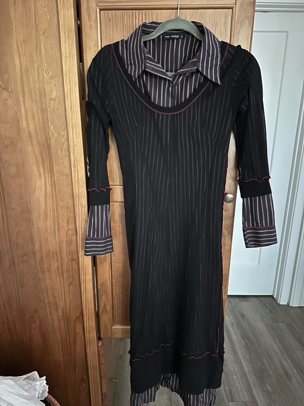 Vintage Cop Copine Layered Black Pinstripe Long Sleeve Dress